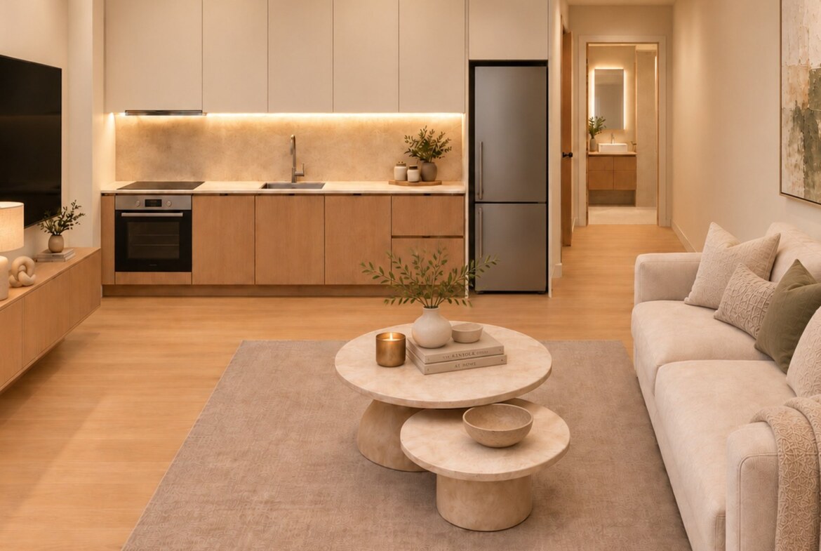 Royal E5 Residences açık plan salon ve meşe mutfak